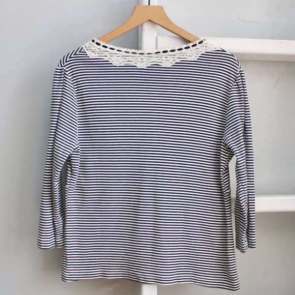 White Stag VTG Preppy Goth Black White Striped Lace Bow 3/4 Sleeve Top​​ Size XL - Picture 2 of 4